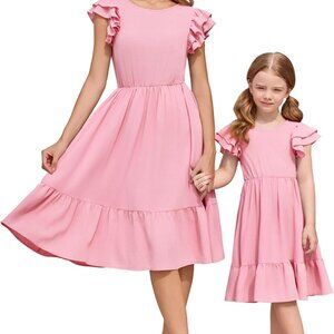 Mother Daughter Boho Dress Summer Casual Flutter Sleeve V-Back Bowknot